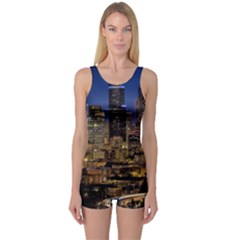 Skyline Downtown Seattle Cityscape One Piece Boyleg Swimsuit by Simbadda