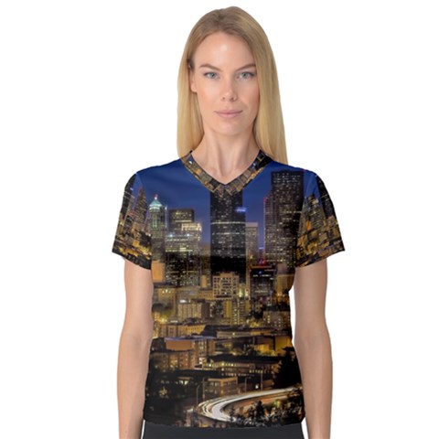 Skyline Downtown Seattle Cityscape V-neck Sport Mesh Tee by Simbadda