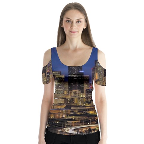 Skyline Downtown Seattle Cityscape Butterfly Sleeve Cutout Tee  by Simbadda