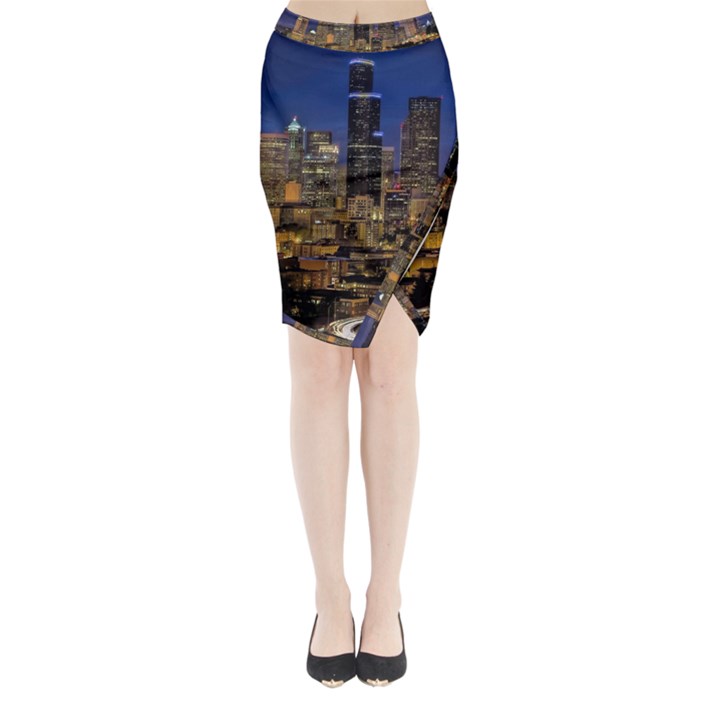 Skyline Downtown Seattle Cityscape Midi Wrap Pencil Skirt