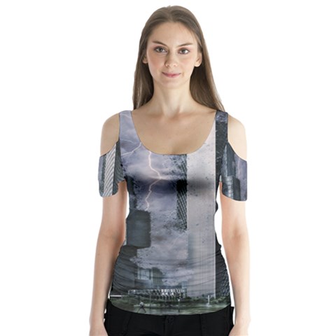 Digital Art City Cities Urban Butterfly Sleeve Cutout Tee  by Simbadda