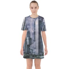 Digital Art City Cities Urban Sixties Short Sleeve Mini Dress by Simbadda