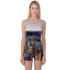 Panoramic City Water Travel One Piece Boyleg Swimsuit by Simbadda