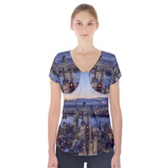 Panoramic City Water Travel Short Sleeve Front Detail Top by Simbadda