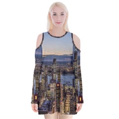 Panoramic City Water Travel Velvet Long Sleeve Shoulder Cutout Dress by Simbadda