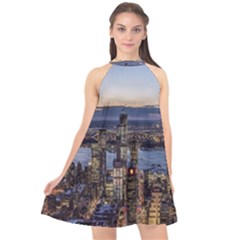 Panoramic City Water Travel Halter Neckline Chiffon Dress  by Simbadda