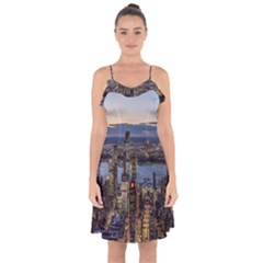 Panoramic City Water Travel Ruffle Detail Chiffon Dress by Simbadda