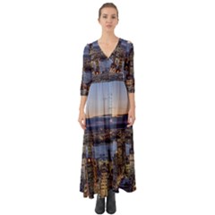 Panoramic City Water Travel Button Up Boho Maxi Dress by Simbadda