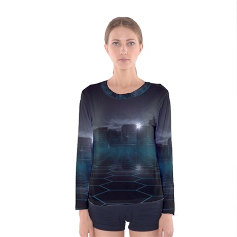 Skyline Night Star Sky Moon Sickle Women s Long Sleeve Tee by Simbadda