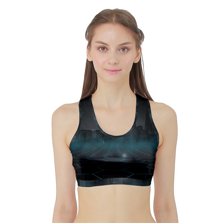 Skyline Night Star Sky Moon Sickle Sports Bra with Border