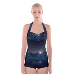 Skyline Night Star Sky Moon Sickle Boyleg Halter Swimsuit  by Simbadda