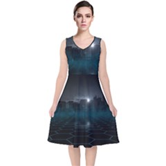 Skyline Night Star Sky Moon Sickle V-neck Midi Sleeveless Dress  by Simbadda