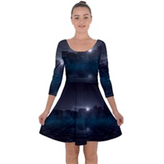 Skyline Night Star Sky Moon Sickle Quarter Sleeve Skater Dress by Simbadda