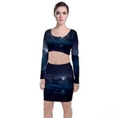 Skyline Night Star Sky Moon Sickle Long Sleeve Crop Top & Bodycon Skirt Set by Simbadda