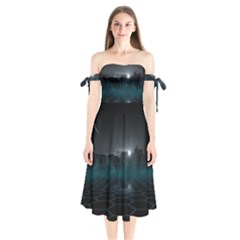 Skyline Night Star Sky Moon Sickle Shoulder Tie Bardot Midi Dress by Simbadda