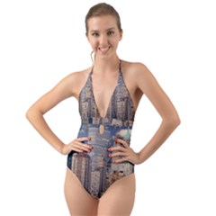 New York Skyline Manhattan Hudson Halter Cut-out One Piece Swimsuit by Simbadda