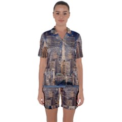 New York Skyline Manhattan Hudson Satin Short Sleeve Pyjamas Set by Simbadda