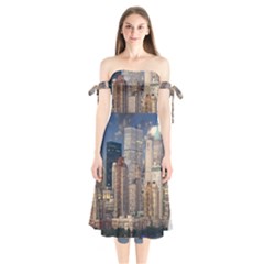 New York Skyline Manhattan Hudson Shoulder Tie Bardot Midi Dress by Simbadda