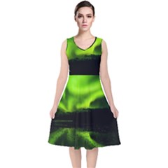 Aurora Borealis Northern Lights Sky V-neck Midi Sleeveless Dress  by Simbadda