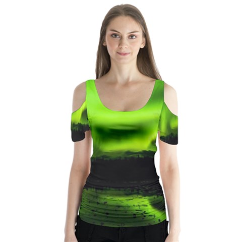 Aurora Borealis Northern Lights Sky Butterfly Sleeve Cutout Tee  by Simbadda