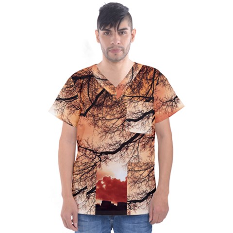 Tree Skyline Silhouette Sunset Men s V-neck Scrub Top by Simbadda