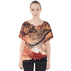 Tree Skyline Silhouette Sunset V-neck Dolman Drape Top by Simbadda