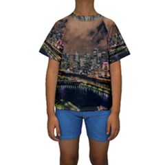 Cityscape Night Buildings Kids  Short Sleeve Swimwear by Simbadda