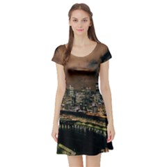 Cityscape Night Buildings Short Sleeve Skater Dress by Simbadda