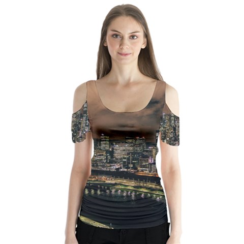 Cityscape Night Buildings Butterfly Sleeve Cutout Tee  by Simbadda