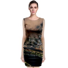 Cityscape Night Buildings Sleeveless Velvet Midi Dress by Simbadda