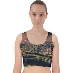 Cityscape Night Buildings Velvet Racer Back Crop Top