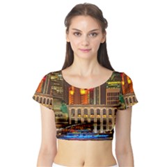 Shanghai Skyline Architecture Short Sleeve Crop Top by Simbadda