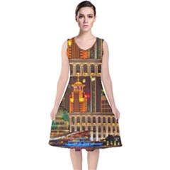 Shanghai Skyline Architecture V-neck Midi Sleeveless Dress  by Simbadda