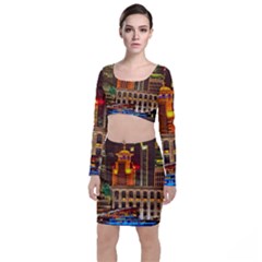 Shanghai Skyline Architecture Long Sleeve Crop Top & Bodycon Skirt Set by Simbadda