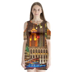 Shanghai Skyline Architecture Shoulder Cutout Velvet One Piece by Simbadda