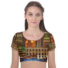 Shanghai Skyline Architecture Velvet Short Sleeve Crop Top  by Simbadda