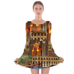 Shanghai Skyline Architecture Long Sleeve Skater Dress by Simbadda