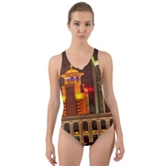 Shanghai Skyline Architecture Cut-out Back One Piece Swimsuit by Simbadda