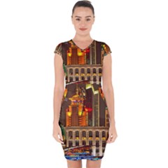 Shanghai Skyline Architecture Capsleeve Drawstring Dress  by Simbadda