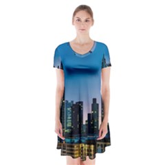 Frankfurt Germany Panorama City Short Sleeve V-neck Flare Dress by Simbadda