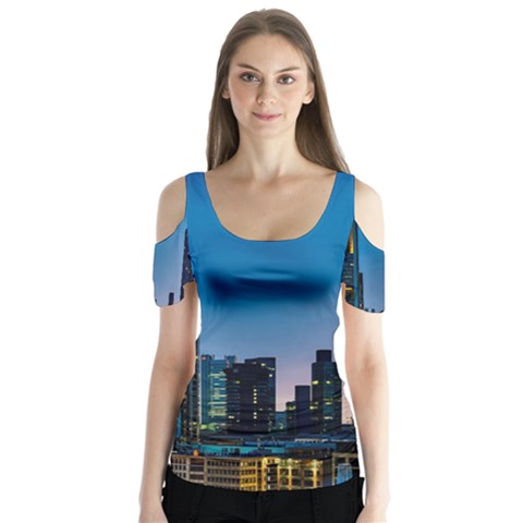 Frankfurt Germany Panorama City Butterfly Sleeve Cutout Tee  by Simbadda