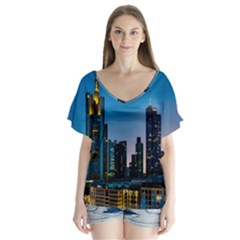 Frankfurt Germany Panorama City V-neck Flutter Sleeve Top by Simbadda