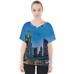 Frankfurt Germany Panorama City V-neck Dolman Drape Top by Simbadda