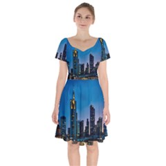 Frankfurt Germany Panorama City Short Sleeve Bardot Dress by Simbadda