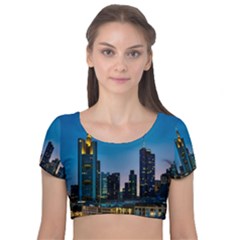 Frankfurt Germany Panorama City Velvet Short Sleeve Crop Top  by Simbadda