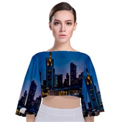 Frankfurt Germany Panorama City Tie Back Butterfly Sleeve Chiffon Top by Simbadda