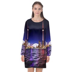 Toronto City Cn Tower Skydome Long Sleeve Chiffon Shift Dress  by Simbadda