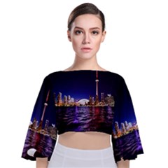 Toronto City Cn Tower Skydome Tie Back Butterfly Sleeve Chiffon Top by Simbadda