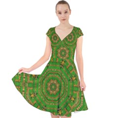 Wonderful Mandala Of Green And Golden Love Cap Sleeve Front Wrap Midi Dress by pepitasart