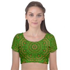 Wonderful Mandala Of Green And Golden Love Velvet Short Sleeve Crop Top  by pepitasart